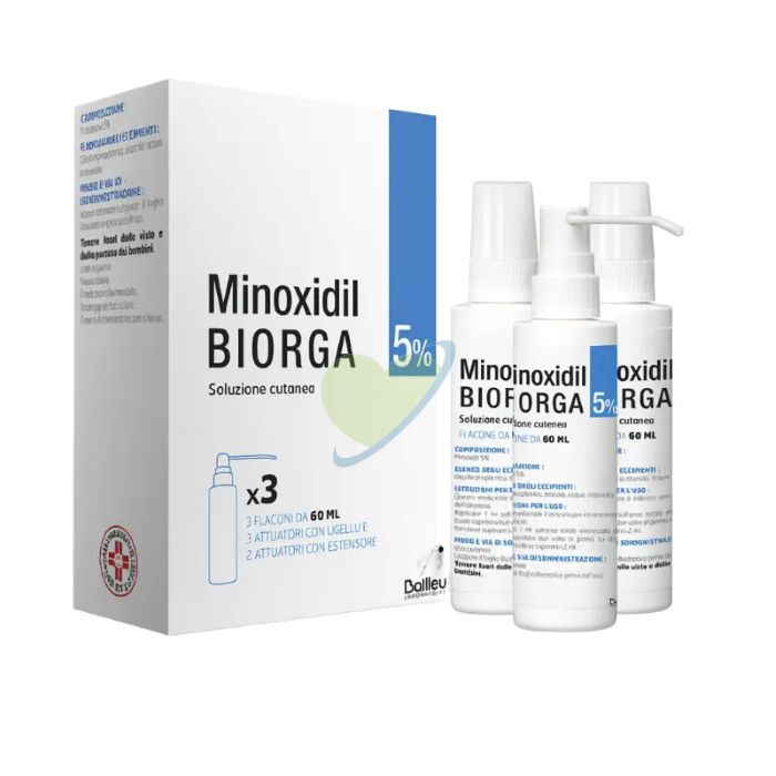 Minoxidil Biorga 5% Soluzione Cutanea, 3 Flaconi Hdpe 60Ml Con Pompa Spray E  Applicatore