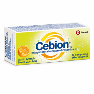 Confezione di Cebion Effervescente Senza Zucchero gusto arancia con 1000 mg di vitamina C, 10 compresse effervescenti