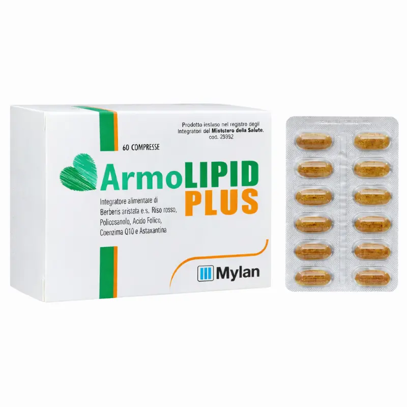 Confezione di Armolipid Plus 60 compresse con riso rosso fermentato e acido folico.