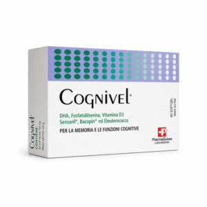 Confezione di Cognivel Pharmasuisse 40 softgel a base di DHA, fosfatidilserina e Ashwagandha.