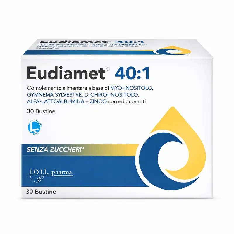 Confezione di Eudiamet 40:1 con myo-inositolo, D-chiro-inositolo, Gymnema e zinco.