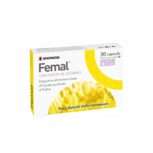 Confezione di Femal Integratore Menopausa 30 capsule a base di estratto purificato di polline e vitamina E.