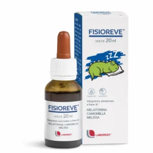 Confezione di Fisioreve Gocce 20 ml a base di melatonina, camomilla e melissa.