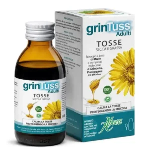 Flacone di Aboca Grintuss Adulti Sciroppo 180 g a base di Miele e Poliresin per la tosse.