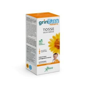 Flacone di Grintuss Pediatric sciroppo Aboca a base di miele e Poliresin per la tosse dei bambini.