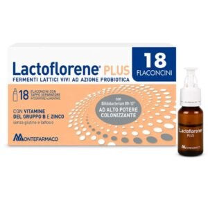 Confezione di Lactoflorene Plus 18 flaconcini a base di fermenti lattici vivi, Zinco e Vitamine del gruppo B.