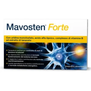 Confezione di Mavosten Forte 60 compresse a base di acido alfa-lipoico, vitamine del gruppo B, uridina e tanaceto.