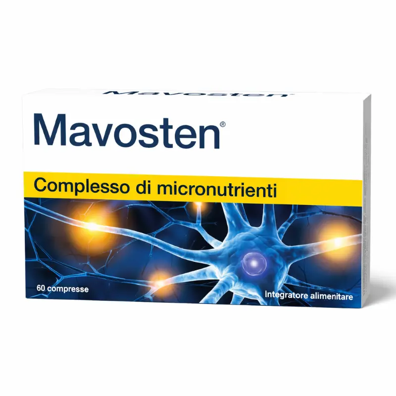Confezione di Restaxil Mavosten 60 compresse a base di acido alfa-lipoico, colina e vitamine del gruppo B.