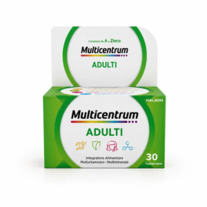 Confezione di Multicentrum Adulti 30 compresse, integratore multivitaminico e multiminerale con vitamine del gruppo B, vitamina C, ferro e zinco.