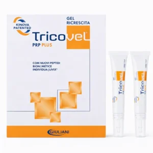 Confezione di Tricovel PRP Plus Gel Ricrescita Capelli 2x15ml con peptidi biomimetici e acido ialuronico.