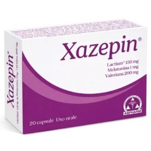 Confezione di Xazepin 20 capsule A.B. Pharm a base di Lactium, melatonina e valeriana.