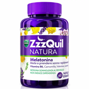 Confezione di ZzzQuil Natura Melatonina Spray 30 ml a base di melatonina e olio essenziale di lavanda.