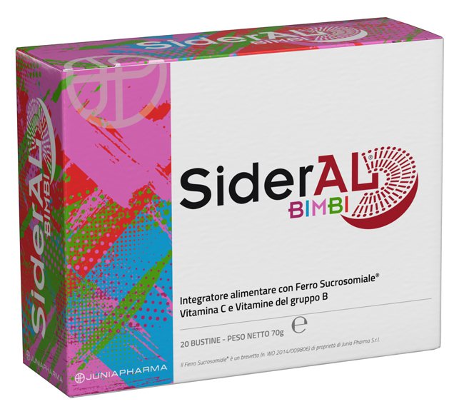 Confezione di SiderAL Bimbi 20 bustine a base di Ferro Sucrosomiale, vitamina C e vitamine del gruppo B