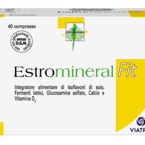 Astuccio di Estromineral Fit 40 compresse con isoflavoni di soia, glucosamina, calcio e vitamina D3.