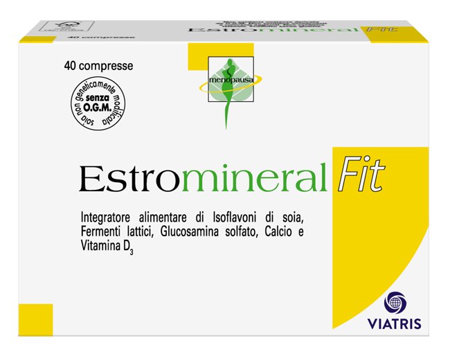 Astuccio di Estromineral Fit 40 compresse con isoflavoni di soia, glucosamina, calcio e vitamina D3.