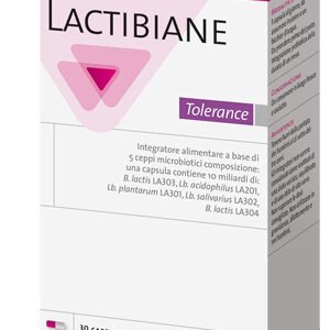 Confezione di Lactibiane Tolérance PiLeJe con 5 ceppi di fermenti lattici a 10 miliardi di UFC, 30 capsule vegetali.