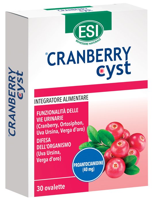 Astuccio di ESI Cranberry Cyst 30 ovalette con cranberry, uva ursina, verga d'oro e semi di pompelmo.
