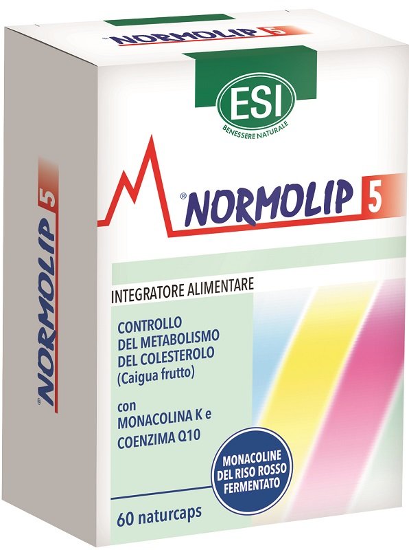 Astuccio di Normolip 5 60 naturcaps con caigua, riso rosso fermentato, coenzima Q10 e cromo.