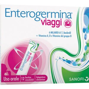 Astuccio di Enterogermina Viaggi 12 bustine orosolubili con Saccharomyces boulardii e vitamine.