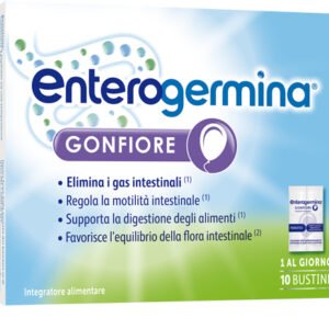 Astuccio di Enterogermina Gonfiore 10 bustine con estratti di menta e coriandolo e fermenti lattici.
