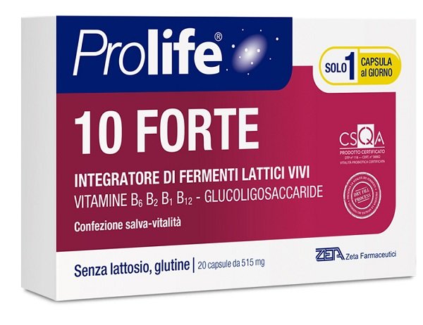 Prolife 10 Forte 20 capsule, fermenti lattici vivi 10 ceppi con vitamine del gruppo B.