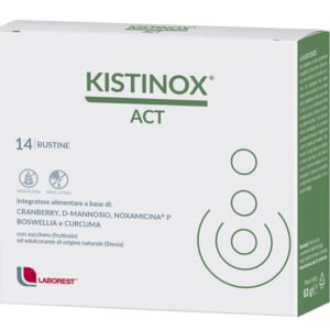 Confezione di Kistinox Act 14 bustine con Cranberry, D-mannosio, Boswellia e Curcuma.