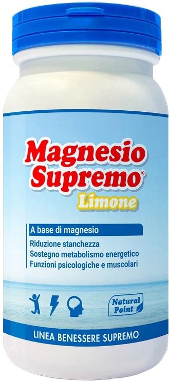 Magnesio Supremo Limone 150 g, integratore di magnesio citrato in polvere con aroma naturale di limone.