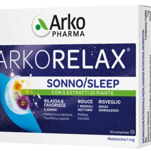 Confezione di Arkorelax Sonno a base di melatonina, vitamina B6 e cinque estratti vegetali per il sonno