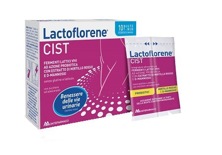 Lactoflorene Cist 10 bustine, integratore con fermenti lattici, mirtillo rosso e D-mannosio per le vie urinarie.