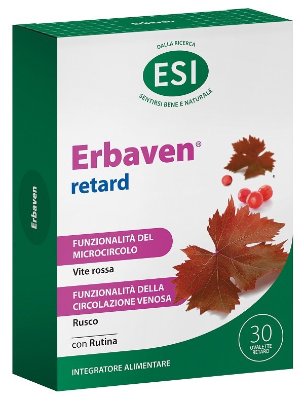 Astuccio di Erbaven Retard 30 ovalette con rutina, vite rossa e rusco titolati.