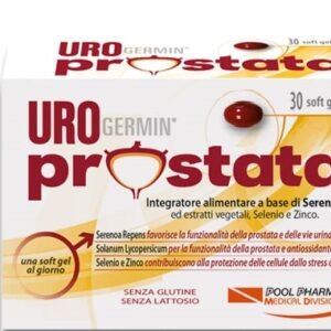 Confezione di Urogermin Prostata 30 soft gel a base di Serenoa repens, Licopene, Selenio e Zinco.