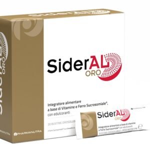 Confezione di SiderAL Oro 14 mg a base di ferro Sucrosomiale, vitamina C e vitamine del gruppo B, 20 bustine orosolubili