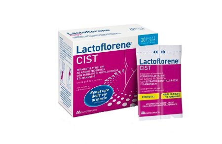 Lactoflorene Cist 20 Bustine DuoCam, integratore con mirtillo rosso, D-mannosio e fermenti lattici.