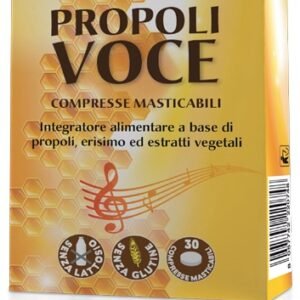 Confezione di Winter Propoli Voce 30 compresse masticabili con propoli, erisimo, liquirizia, acerola e rosa canina.