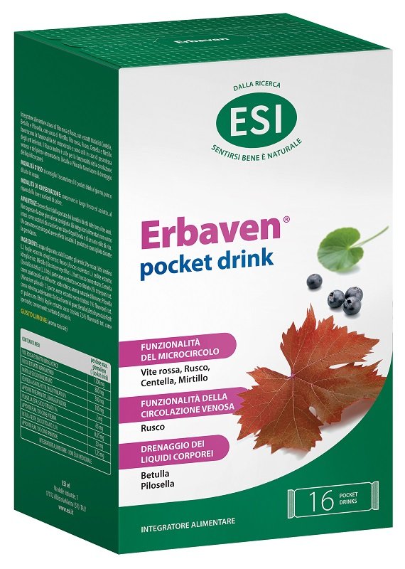 Erbaven Drink ESI, confezione da 16 pocket drink da 20 ml con vite rossa e rusco.