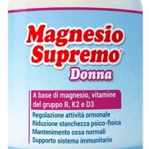 Magnesio Supremo Donna 150 g, integratore in polvere di magnesio con vitamine B6, folato, B12, K2 e D3.