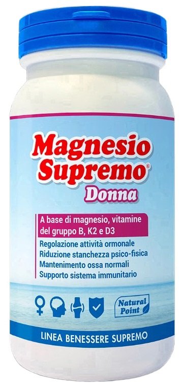 Magnesio Supremo Donna 150 g, integratore in polvere di magnesio con vitamine B6, folato, B12, K2 e D3.