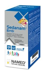 Flacone di Sedanam Bimbi 200 ml a base di passiflora, melissa, camomilla e tiglio.