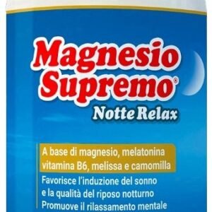 Magnesio Supremo Notte Relax 150 g, integratore in polvere con magnesio, melatonina, camomilla e melissa.