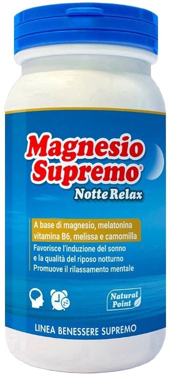Magnesio Supremo Notte Relax 150 g, integratore in polvere con magnesio, melatonina, camomilla e melissa.