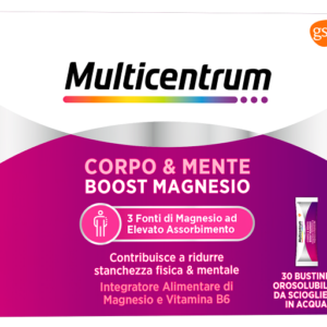 Multicentrum Boost Magnesio 30 bustine orosolubili, integratore di magnesio e vitamina B6.