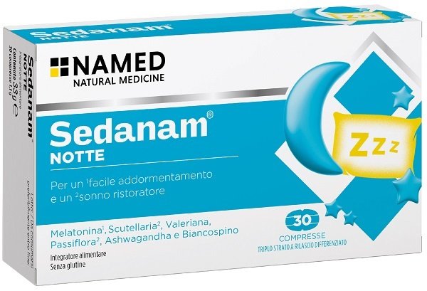 Confezione di Named Sedanam Notte 30 compresse a base di melatonina, valeriana e passiflora.