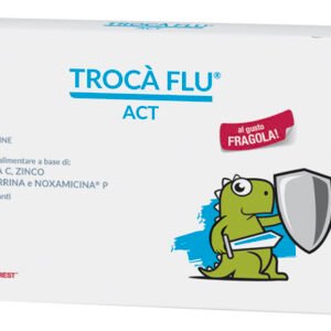 Confezione di Trocà Flu Act a base di vitamina C, zinco, lattoferrina e propoli.