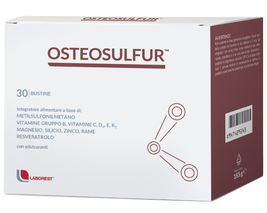 Confezione di Osteosulfur 30 bustine a base di MSM, vitamina D3, K2, magnesio e resveratrolo