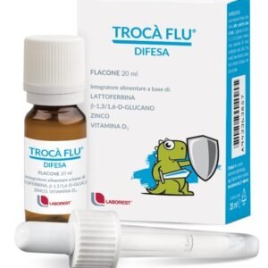 Confezione di Trocà Flu Difesa 20 ml a base di lattoferrina, beta-glucano, zinco e vitamina D3.