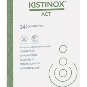Confezione di Kistinox Act 14 compresse a base di cranberry, D-mannosio, boswellia e propoli.