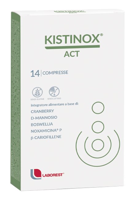 Confezione di Kistinox Act 14 compresse a base di cranberry, D-mannosio, boswellia e propoli.