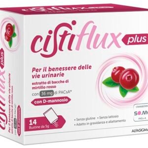 Cistiflux Plus 14 bustine integratore con D-mannosio e mirtillo rosso per le vie urinarie.