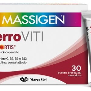 Massigen FerroViti 30 bustine orosolubili, integratore di ferro con vitamina C e vitamine B.