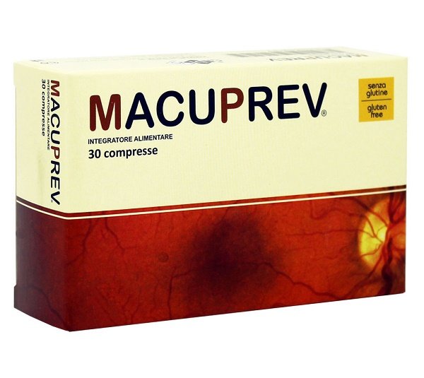 Confezione di Macuprev 30 compresse con luteina, zeaxantina, mirtillo, reishi, vitamine e minerali